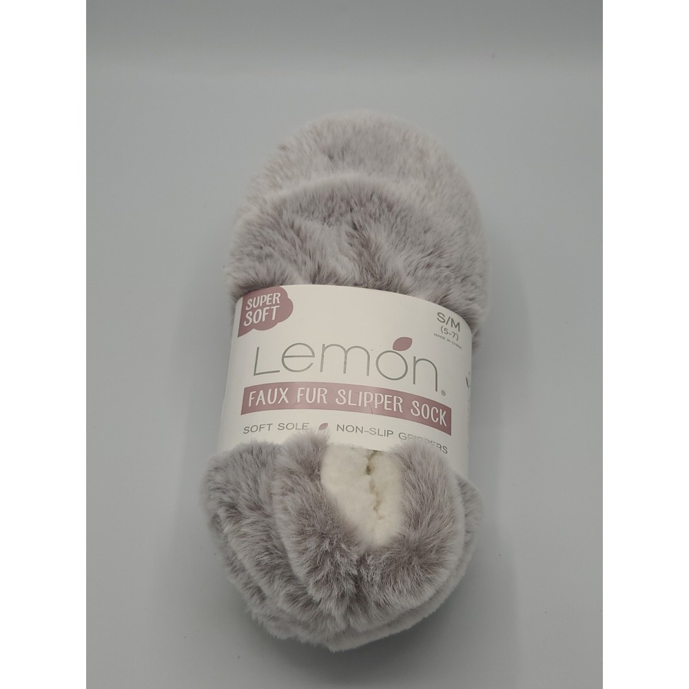 Lemon Womens Faux Fur Slipper Socks Grey Sherpa Lined Non-Slip Grippers S/M 5-7